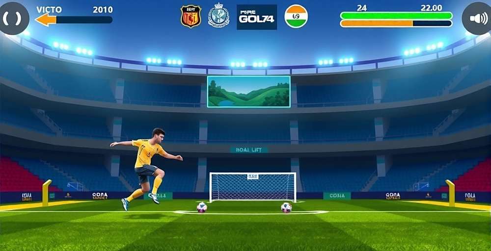 Goa Goal Hunter - Exciting Goal Shooting Gameplay Goa Goal Hunter gameplay showing a player taking a free kick with Indian stadium background