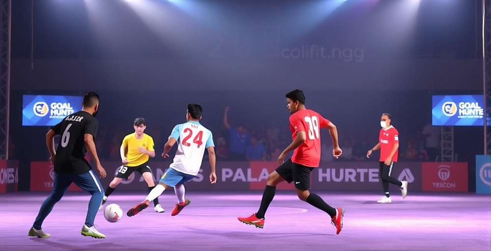 Goa Goal Hunter - National Championship Goa Goal Hunter tournament in Mumbai with players competing on stage and audience in the background
